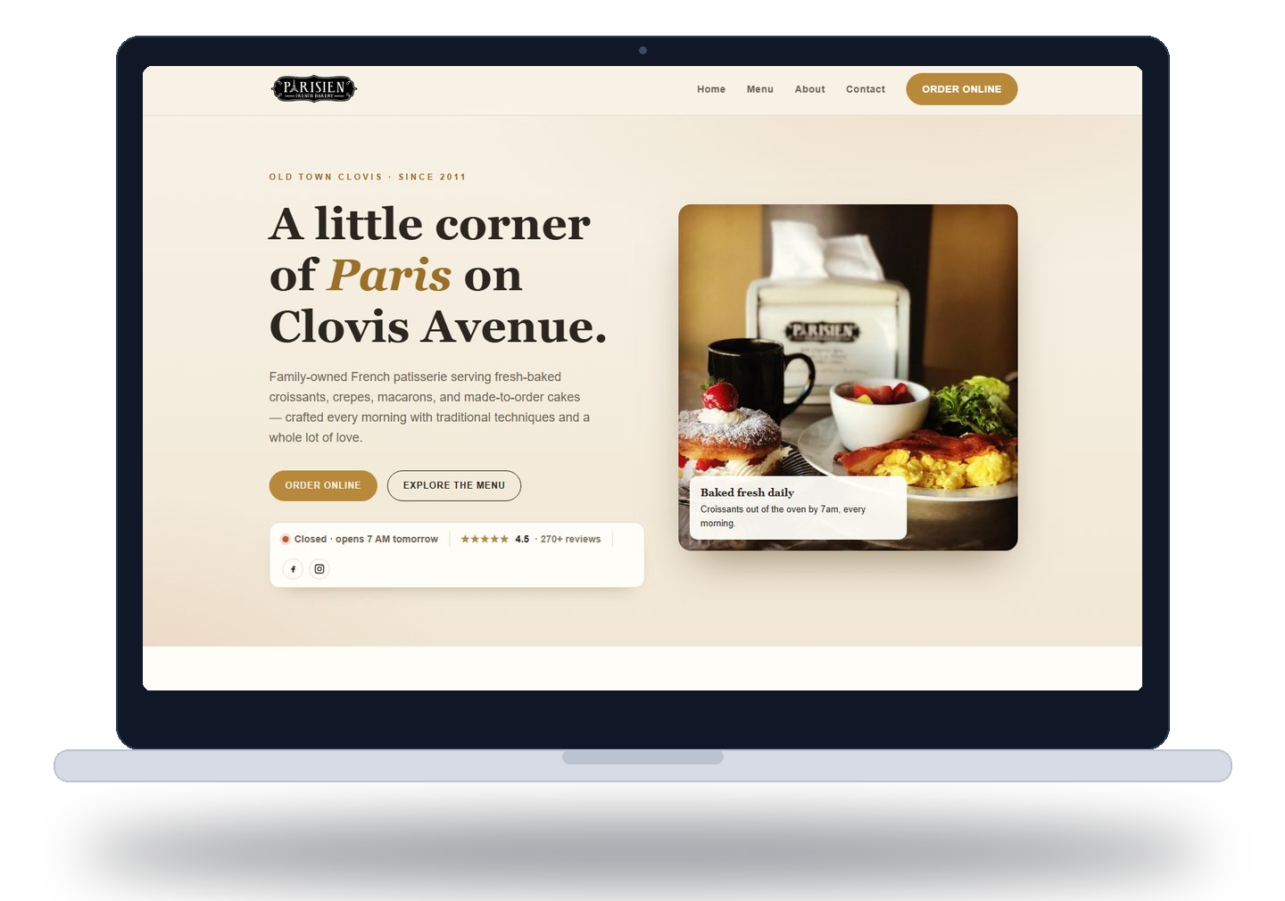 Custom website design for Parisien Bakery shown on a laptop — built by Untamed Web Design, Fresno